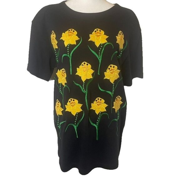 Bechamel‎ Vintage Black Daffodil Beaded Applique Blouse Women's Size S - Picture 1 of 10
